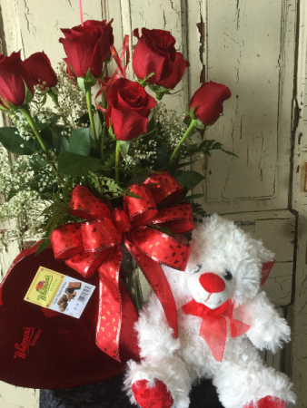 teddy bear with flowers and chocolate