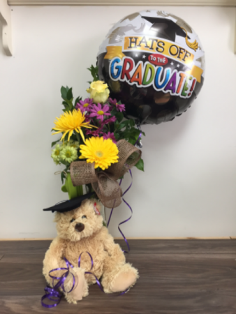 K grad bear with flowers and balloon Vase arrangement