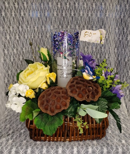 Your Life Gave us Memories Basket Silk Flowers with Candle Lantern in a Basket