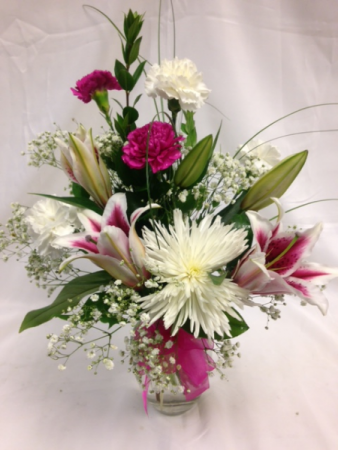 You're So Special Lilies, Fuji mums, carnations and accents. in whites and pinks