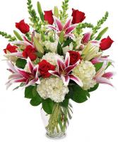 Love You More! Exquisite display of roses, lillies, and hydrangea